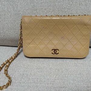 Chanel Tan Quilted Crossbody Bag with Gold Chain